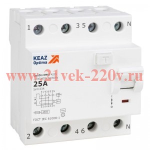 Выключатель дифференциального тока (УЗО) 4п 25А 300мА тип AC 4.5кА OptiDin DM63-4425 УХЛ4 КЭАЗ 34390