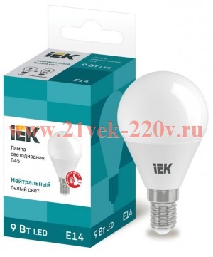 Лампа светодиодная ECO G45 шар 9Вт 230В 4000К E14 IEK