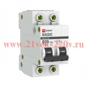 Автоматический выключатель 2P 20А (B) 4,5кА ВА 47-29 EKF Basic (автомат)