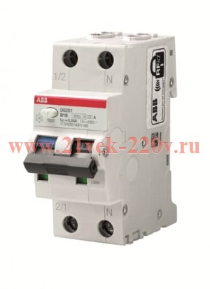 Дифавтомат ABB DS201 C16 A10 2-полюсный характеристика C 16A 10mA тип А (2CSR255140R0164)