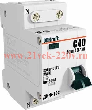Дифференциальный автоматический выключатель 1Р+N 20А 30мА тип AC х-ка С ДИФ-102 4,5кА DEKraft 16004