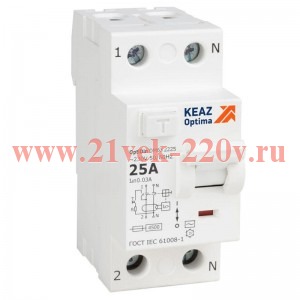Выключатель дифференциального тока (УЗО) 2п 25А 30мА тип AC 4.5кА OptiDin DM63-2225 УХЛ4 КЭАЗ 343888
