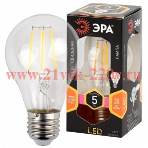 Лампа светодиодная F-LED А60-5w-827-E27 ЭРА Б0019010