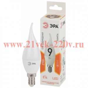 Лампа светодиодная BXS-9w-827-E14 свеча на ветру 720лм Эра Б0027973