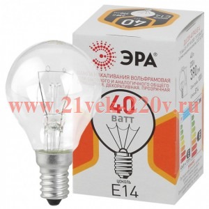 Лампа накаливания ДШ 40-230-E14-CL 40Вт шар (P45) 230В Е14 ЭРА Б0039136