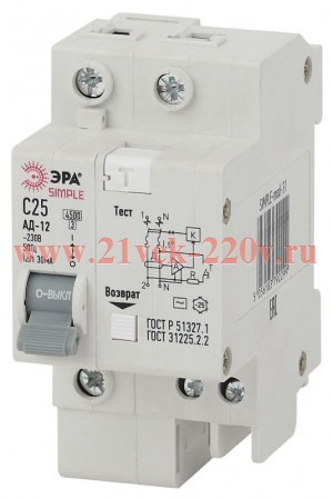 Выключатель автоматический дифференциального тока 1P+N 40А 30мА тип AC SIMPLE-mod-33 х-ка ЭРА Б00392