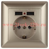 Розетка 2P+E Schuko со шторками 16А-250В + 2хUSB Intro Solo, шампань 4-410-04