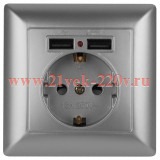 Розетка 2P+E Schuko со шторками 16А-250В + 2хUSB Intro Solo, алюминий 4-410-03