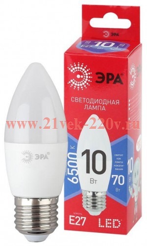 Лампа светодиодная ECO LED B35-10W-865-E27 R (диод свеча 10Вт холодн. E27) (10/100/3500) ЭРА Б004533