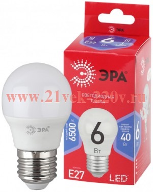 Лампа светодиодная P45-6W-865-E27 R (диод шар 6Вт холодн. E27) (10/100/3600) Эра Б0045357