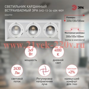 ЭРА Светильник карданный встраиваемый SKD-13-36-40K-W09 3х9Вт 4000K 2430Лм 320х130х100