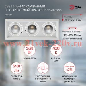ЭРА Светильник карданный встраиваемый SKD-13-36-40K-W20 3х20Вт 4000K 5400Лм 390х150х110