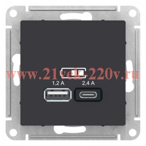 Зарядное устройство USB тип A+С 5В/2,4 А 2х5В/1,2 А, SE AtlasDesign, карбон