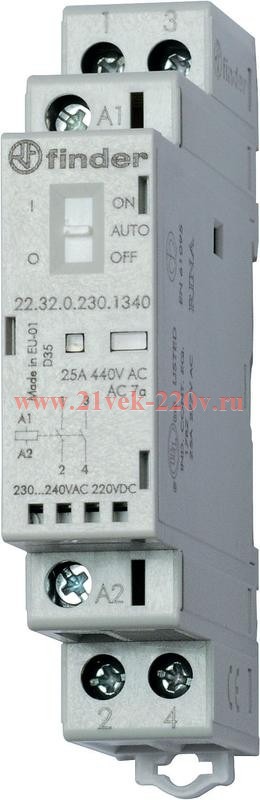 Контактор модульный 2NO 25А AgSnO2 24В AC/DC 17.5мм IP20 опции: переключатель Авто-Вкл-Выкл + мех. и