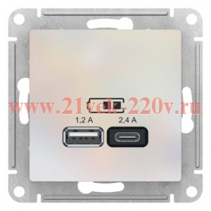 Зарядное устройство USB тип A+С 5В/2,4 А 2х5В/1,2 А, SE AtlasDesign, жемчуг
