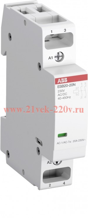 Модульный контактор ESB20-11N-06 модульный (20А АС-1, 1НО+1НЗ), катушка 230В AC/DC