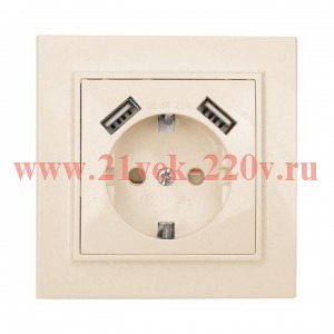 Розетка 1-м СП Минск 16А защ. шторки с заземл. с 2 USB 2.1А беж. EKF ERR16-028-200-2USB