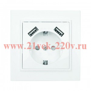 Розетка 1-м СП Минск 16А защ. шторки с заземл. с 2 USB 2.1А бел. EKF ERR16-028-100-2USB