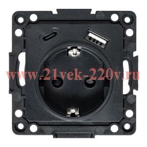 Розетка 1-м СП Стокгольм 16А USB A+C с заземл. защ. шторки винтов. клеммы механизм черн. EKF EZR16-2