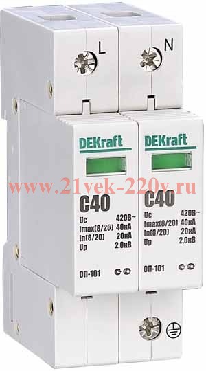 Ограничитель перенапряжений ОП-101 1P+N 40кА класс C(II) 420В DEKraft