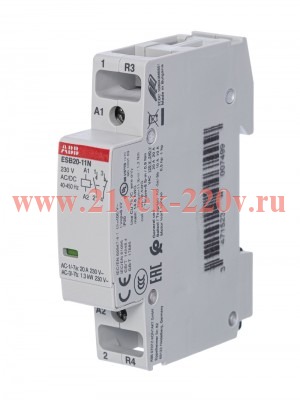 Модульный контактор ESB20-11N-06 модульный (20А АС-1, 1НО+1НЗ), катушка 230В AC/DC