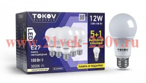 Набор ПРОМО лампа светодиодная 12Вт А60 3000К Е27 176-264В (Promo 5+1 шт) TOKOV ELECTRIC Promo-A60-E