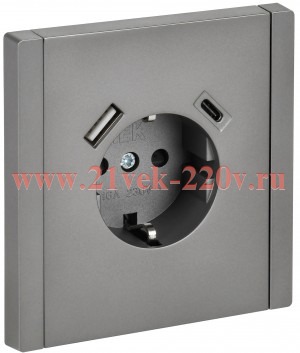 Розетка с зарядкой FORTE&PIANO FP547 2Р+Е 16А шторки USB A+C 18Вт сталь IEK FP-R14-16-U22-018-K46