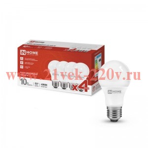 Лампа светодиодная LED-A60-VC 4PACK 10Вт 230В E27 4000К 950лм (уп.4шт) IN HOME 4690612047645