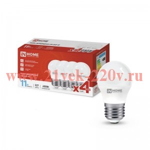 Лампа светодиодная LED-ШАР-VC 4PACK 11Вт 230В E27 6500К 1050лм (уп.4шт) IN HOME 4690612047898