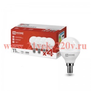 Лампа светодиодная LED-ШАР-VC 4PACK 11Вт 230В E14 4000К 1050лм (уп.4шт) IN HOME 4690612047874