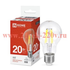 Лампа светодиодная LED-A60-deco грушевидная прозрачная 20Вт 230В E27 4000К 1890лм IN HOME 4690612055