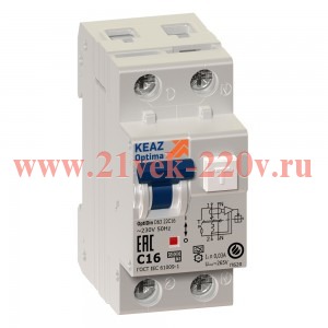 Автоматический выключатель дифференциального тока OptiDin D63-22C16-A-УХЛ4 2Р С16 30мА тип А КЭАЗ (автомат электрический)