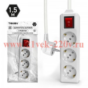 Удлинитель 3х1.5м с заземл. с выкл. 10А 3х1.5 TOKOV LIGHT TKL-C01-BU3-1.5-1.5-ZV