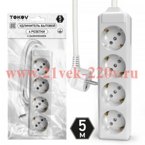 Удлинитель 4х5м с заземл. 10А 3х1.5 TOKOV LIGHT TKL-C01-BU4-5-1.5-Z