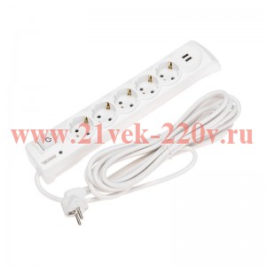Удлинитель с сетевым фильтром 5х5м с автовыкл. 2 USB КГ 3х1.5кв.мм бел. Kranz 13-4701