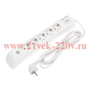 Удлинитель с сетевым фильтром 5х3м с автовыкл. 2 USB КГ 3х1.5кв.мм бел. Kranz 13-4700