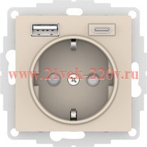 Зарядка розетка с/з 16А + USB A+С 5В/2,4А/3,0А, 2х5В/1,5А SE AtlasDesign, бежевый
