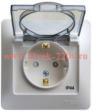 Розетка с заземлением со шторками с крышкой 16А IP44 в сборе SE Glossa, перламутр