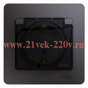 Розетка с зазем со шторками с крышкой IP44 16А 250В в сборе SE Glossa, графит