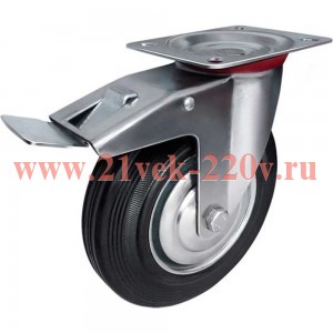 Колесо промышленное поворотное стал. обод с резин. шиной и роликоподшип. площадка D200 с торм Tech-K
