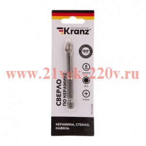 Сверло по стеклу и керамике 8мм 4 грани шестигранный хвостовик Kranz KR-91-0650