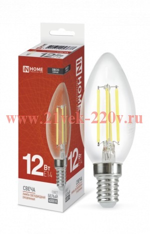Лампа светодиодная LED-СВЕЧА-deco 12Вт 230В E14 4000К 1350лм прозрачная IN HOME 4690612053677
