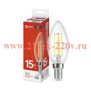 Лампа светодиодная LED-СВЕЧА-deco свеча прозрачная 15Вт 230В E14 4000К 1455лм IN HOME 4690612055954