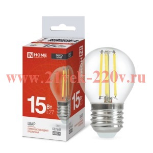 Лампа светодиодная LED-ШАР-deco шар прозрачная 15Вт 230В E27 4000К 1435лм IN HOME 4690612055985