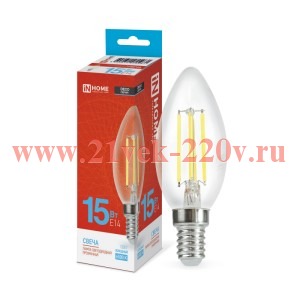 Лампа светодиодная LED-СВЕЧА-deco свеча прозрачная 15Вт 230В E14 6500К 1455лм IN HOME 4690612055961