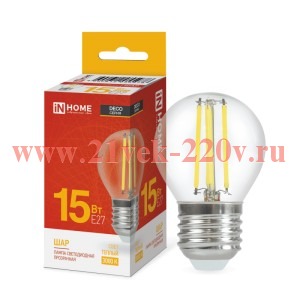 Лампа светодиодная LED-ШАР-deco шар прозрачная 15Вт 230В E27 3000К 1435лм IN HOME 4690612055978