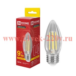 Лампа светодиодная LED-СВЕЧА-deco 9Вт 230В Е27 3000К 1040лм прозрачная IN HOME 4690612063249