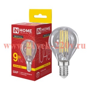 Лампа светодиодная LED-ШАР-deco 9Вт 230В Е14 3000К 1040лм прозрачная IN HOME 4690612063317