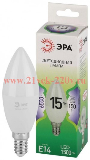 Лампа светодиодная GREEN LINE B35-15W-865-E14 GL 15Вт свеча 6500К свет холод. E14 Эра Б0067091