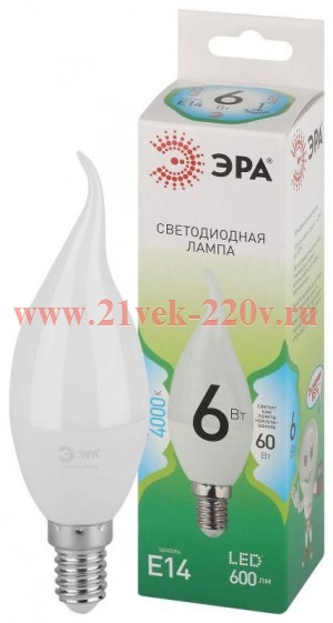 Лампа светодиодная GREEN LINE BXS-6W-840-E14 GL 6Вт свеча на ветру 4000К яркий свет бел. E14 Эра Б00